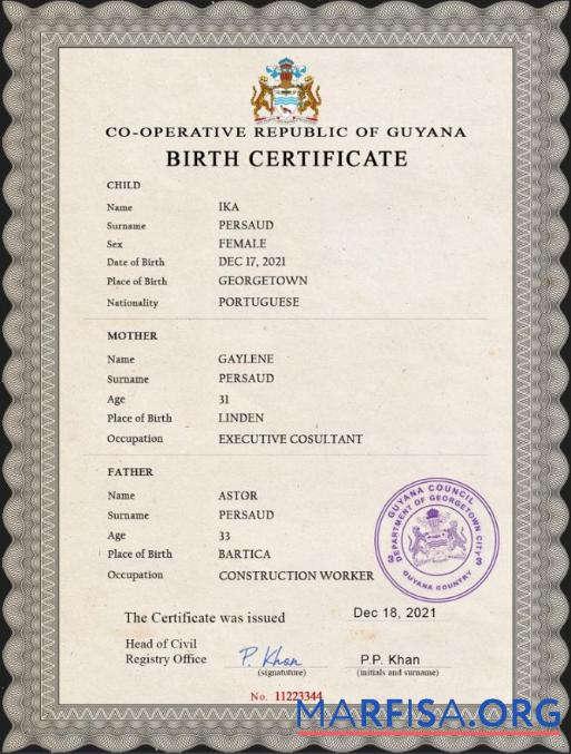 Printable Guyana vital record birth certificate PSD template